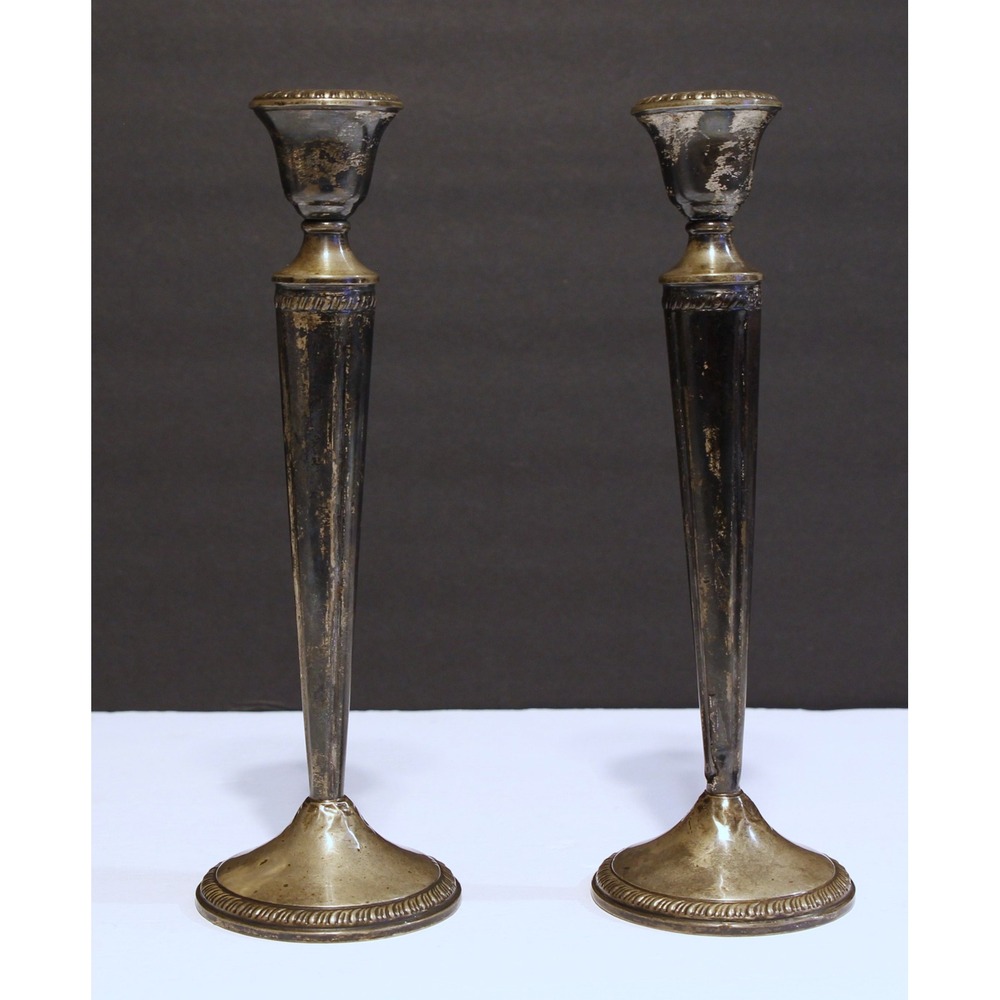 Crown Sterling Silver Weighted 2 Candlesticks Candle Holders 9 3/4" Tall (V)
